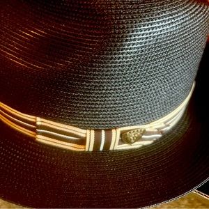Men’s black Dobbs Straw dress hat with black and beige satin ribbon. Size Medium